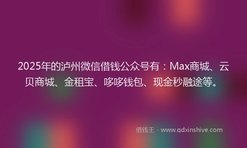 2025年的泸州微信借钱公众号有：Max商城、云贝商城、金租宝、哆哆钱包、现金秒融途等。