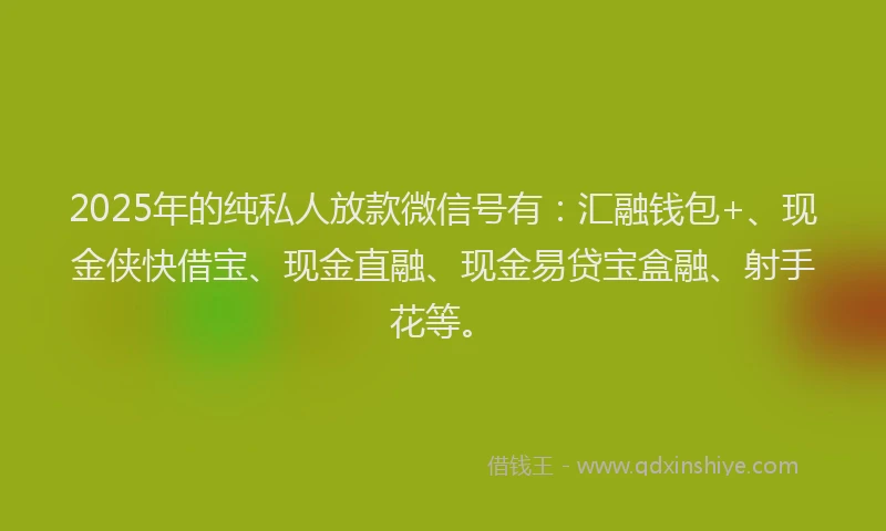 2025年的纯私人放款微信号有：汇融钱包+、现金侠快借宝、现金直融、现金易贷宝盒融、射手花等。
