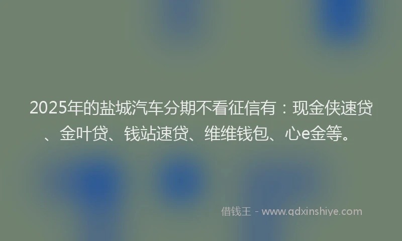 2025年的盐城汽车分期不看征信有：现金侠速贷、金叶贷、钱站速贷、维维钱包、心e金等。