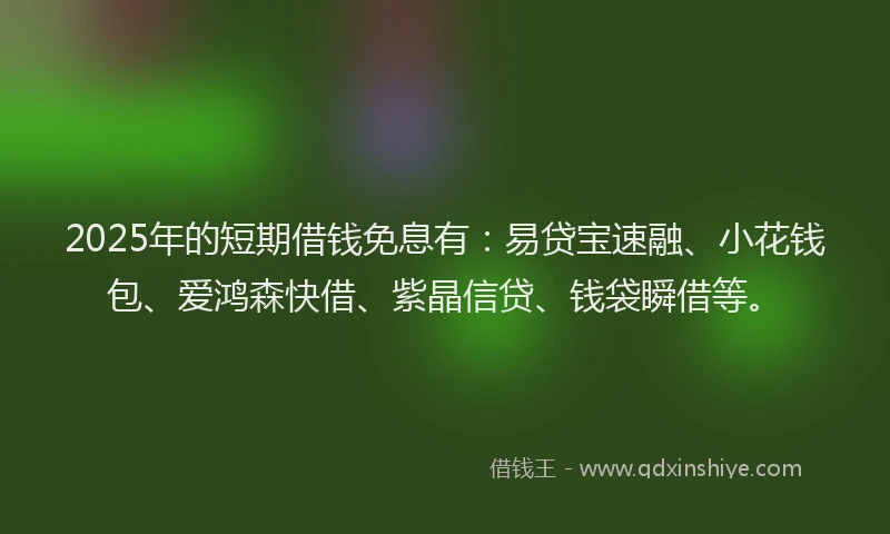 2025年的短期借钱免息有：易贷宝速融、小花钱包、爱鸿森快借、紫晶信贷、钱袋瞬借等。