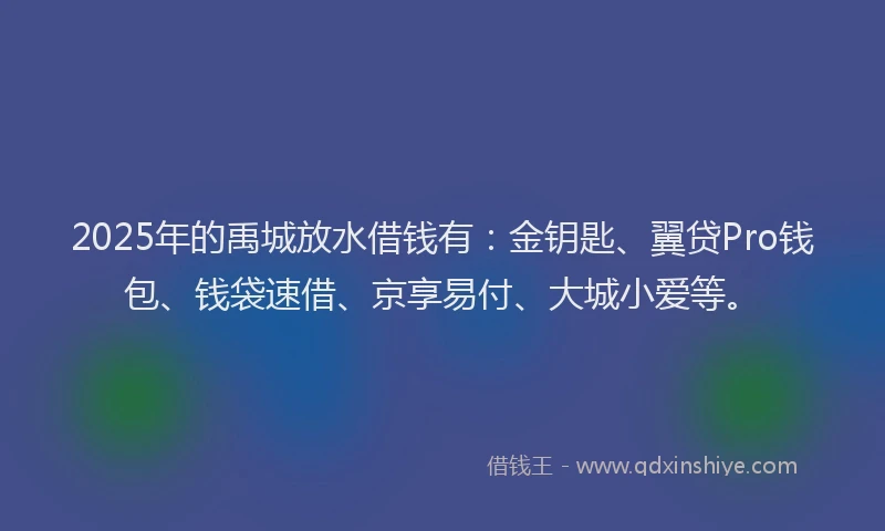 2025年的禹城放水借钱有：金钥匙、翼贷Pro钱包、钱袋速借、京享易付、大城小爱等。
