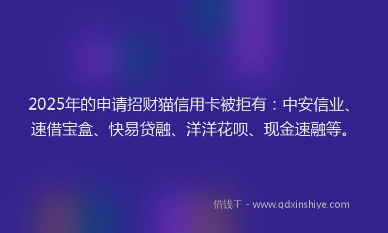2025年的申请招财猫信用卡被拒有：中安信业、速借宝盒、快易贷融、洋洋花呗、现金速融等。