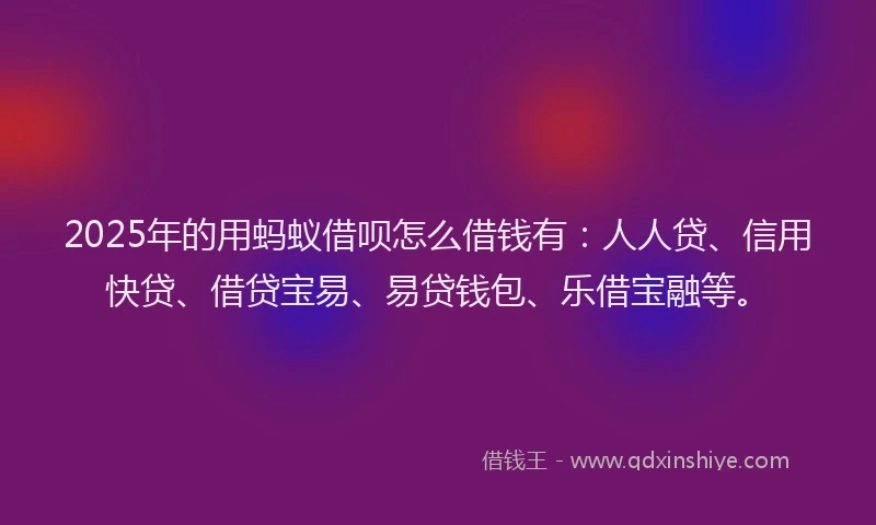 2025年的用蚂蚁借呗怎么借钱有：人人贷、信用快贷、借贷宝易、易贷钱包、乐借宝融等。