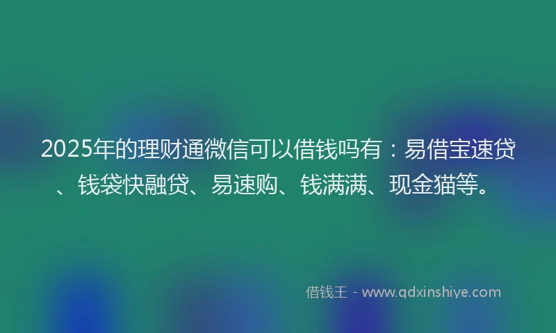 2025年的理财通微信可以借钱吗有：易借宝速贷、钱袋快融贷、易速购、钱满满、现金猫等。