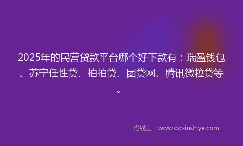 2025年的民营贷款平台哪个好下款有：瑞盈钱包、苏宁任性贷、拍拍贷、团贷网、腾讯微粒贷等。