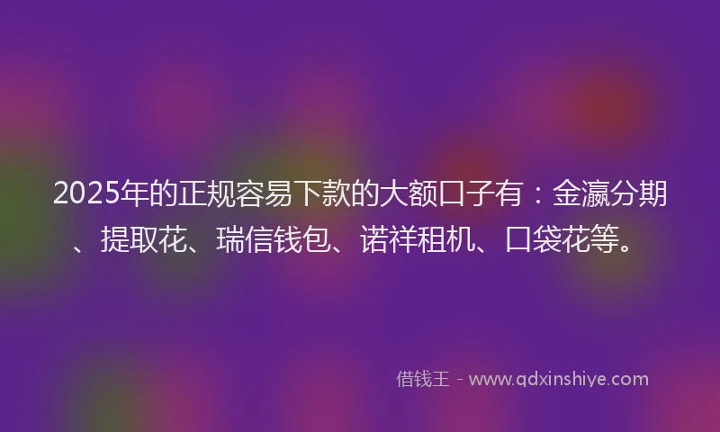 2025年的正规容易下款的大额口子有：金瀛分期、提取花、瑞信钱包、诺祥租机、口袋花等。