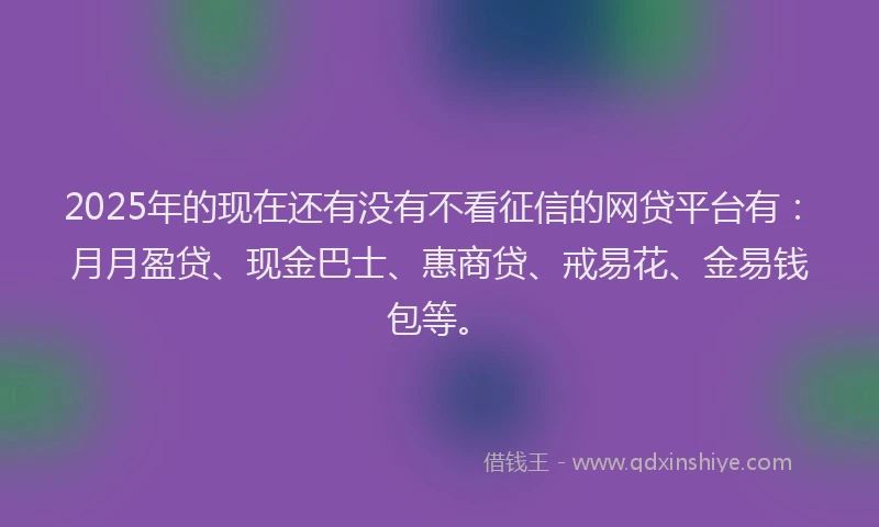 2025年的现在还有没有不看征信的网贷平台有：月月盈贷、现金巴士、惠商贷、戒易花、金易钱包等。