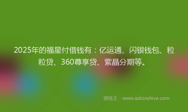 2025年的福星付借钱有：亿运通、闪银钱包、粒粒贷、360尊享贷、紫晶分期等。