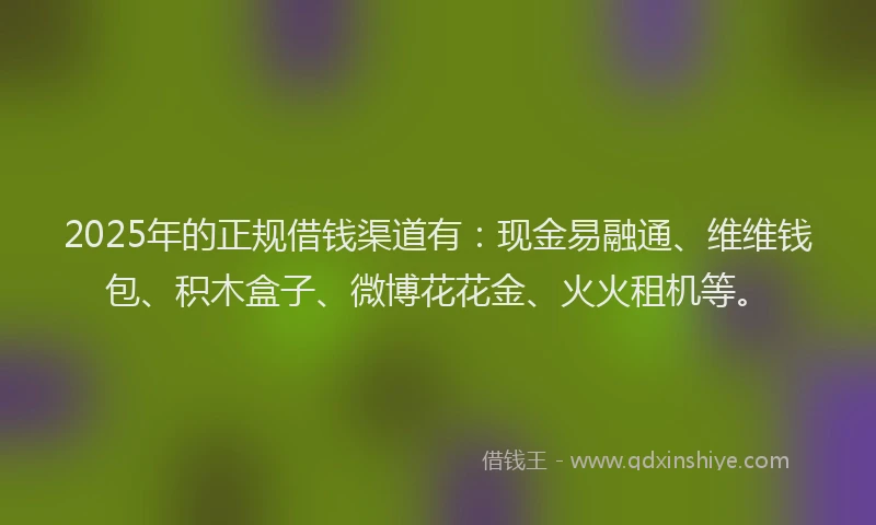2025年的正规借钱渠道有：现金易融通、维维钱包、积木盒子、微博花花金、火火租机等。