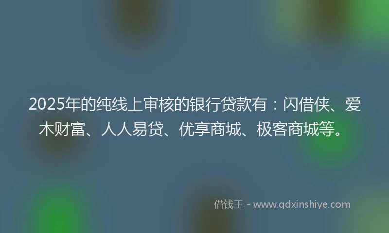 2025年的纯线上审核的银行贷款有：闪借侠、爱木财富、人人易贷、优享商城、极客商城等。