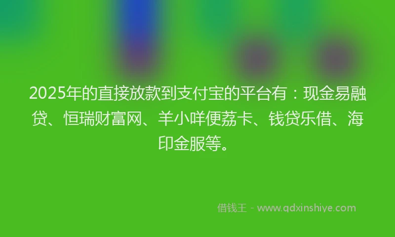 2025年的直接放款到支付宝的平台有：现金易融贷、恒瑞财富网、羊小咩便荔卡、钱贷乐借、海印金服等。