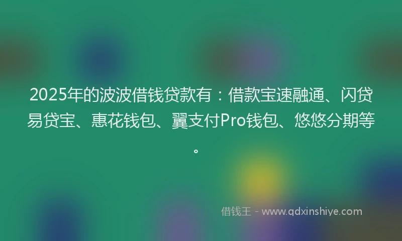2025年的波波借钱贷款有：借款宝速融通、闪贷易贷宝、惠花钱包、翼支付Pro钱包、悠悠分期等。