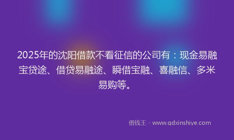 2025年的沈阳借款不看征信的公司有：现金易融宝贷途、借贷易融途、瞬借宝融、喜融信、多米易购等。