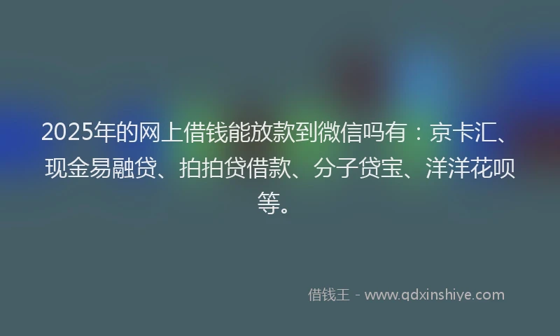 2025年的网上借钱能放款到微信吗有：京卡汇、现金易融贷、拍拍贷借款、分子贷宝、洋洋花呗等。