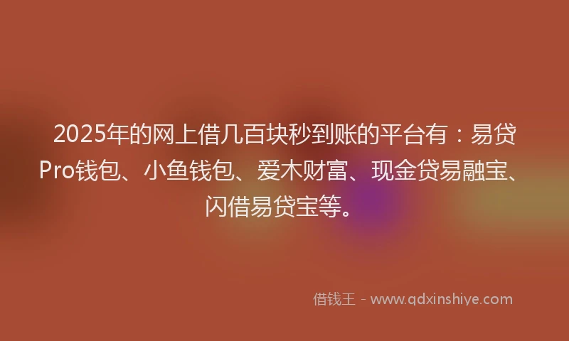 2025年的网上借几百块秒到账的平台有：易贷Pro钱包、小鱼钱包、爱木财富、现金贷易融宝、闪借易贷宝等。