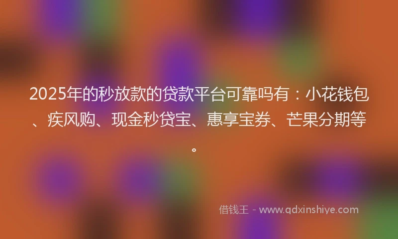 2025年的秒放款的贷款平台可靠吗有：小花钱包、疾风购、现金秒贷宝、惠享宝券、芒果分期等。