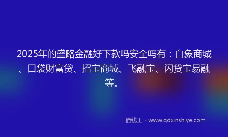 2025年的盛略金融好下款吗安全吗有：白象商城、口袋财富贷、招宝商城、飞融宝、闪贷宝易融等。