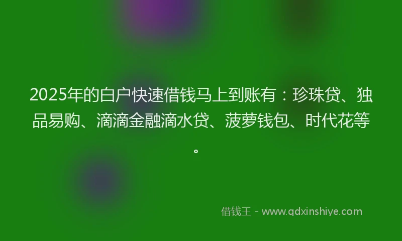 2025年的白户快速借钱马上到账有：珍珠贷、独品易购、滴滴金融滴水贷、菠萝钱包、时代花等。
