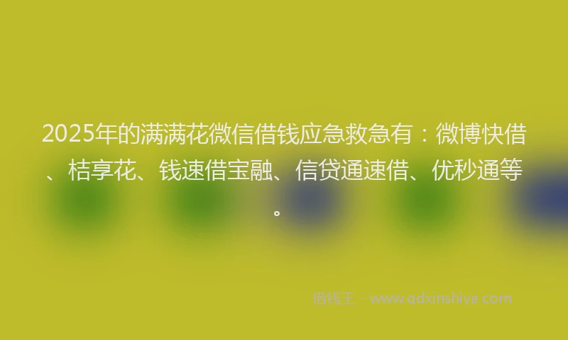 2025年的满满花微信借钱应急救急有：微博快借、桔享花、钱速借宝融、信贷通速借、优秒通等。