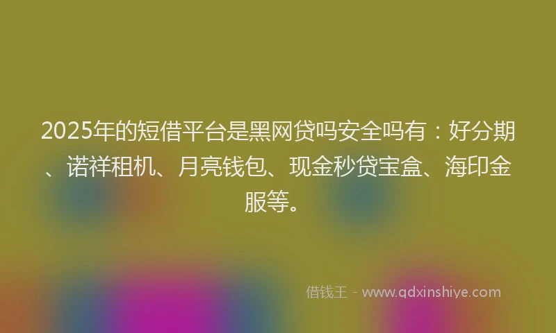 2025年的短借平台是黑网贷吗安全吗有：好分期、诺祥租机、月亮钱包、现金秒贷宝盒、海印金服等。