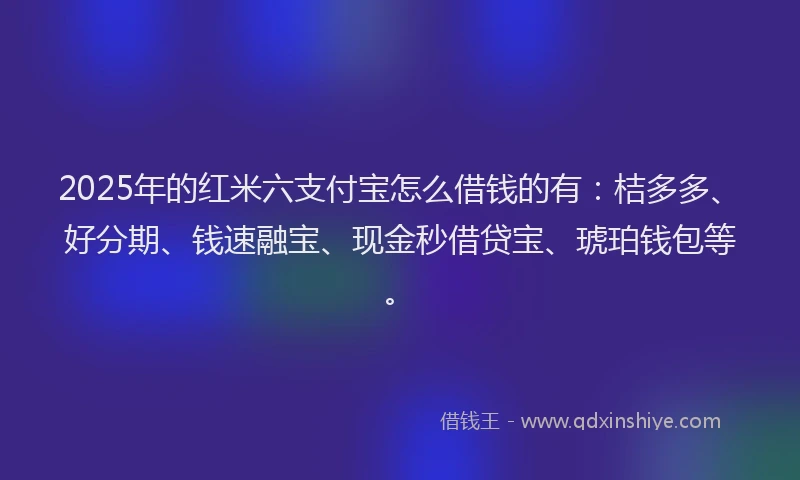 2025年的红米六支付宝怎么借钱的有：桔多多、好分期、钱速融宝、现金秒借贷宝、琥珀钱包等。