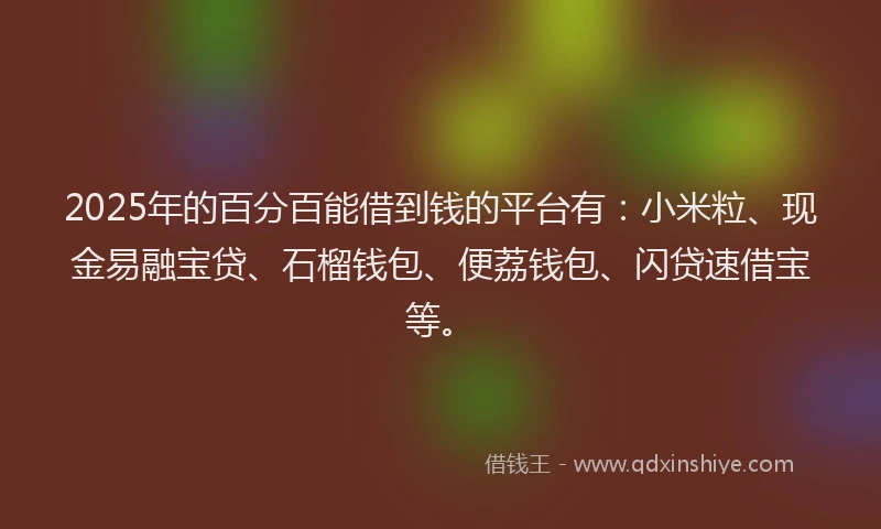 2025年的百分百能借到钱的平台有：小米粒、现金易融宝贷、石榴钱包、便荔钱包、闪贷速借宝等。