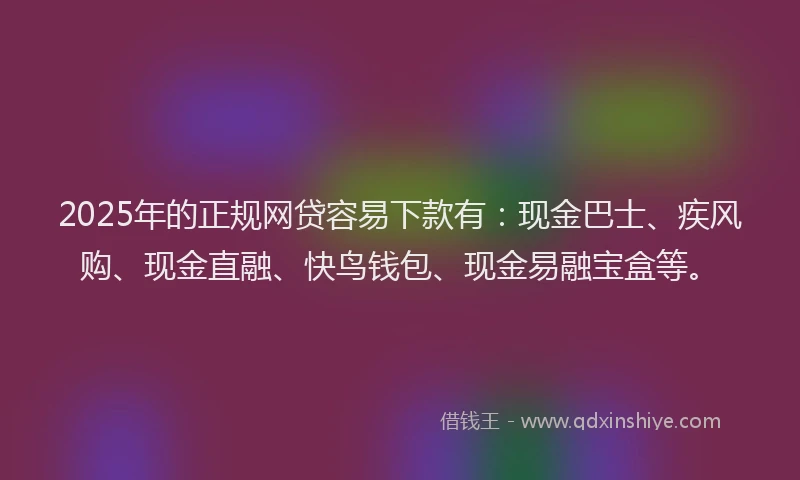 2025年的正规网贷容易下款有：现金巴士、疾风购、现金直融、快鸟钱包、现金易融宝盒等。