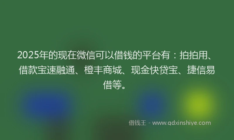 2025年的现在微信可以借钱的平台有：拍拍用、借款宝速融通、橙丰商城、现金快贷宝、捷信易借等。