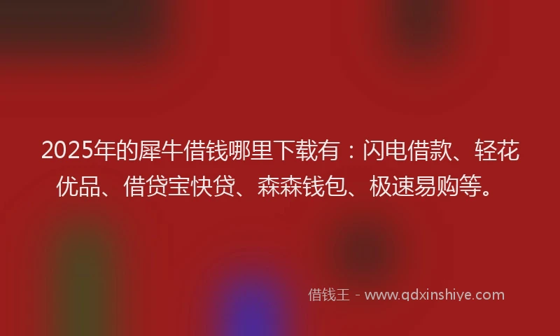 2025年的犀牛借钱哪里下载有：闪电借款、轻花优品、借贷宝快贷、森森钱包、极速易购等。
