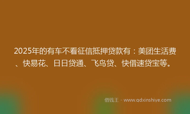 2025年的有车不看征信抵押贷款有：美团生活费、快易花、日日贷通、飞鸟贷、快借速贷宝等。