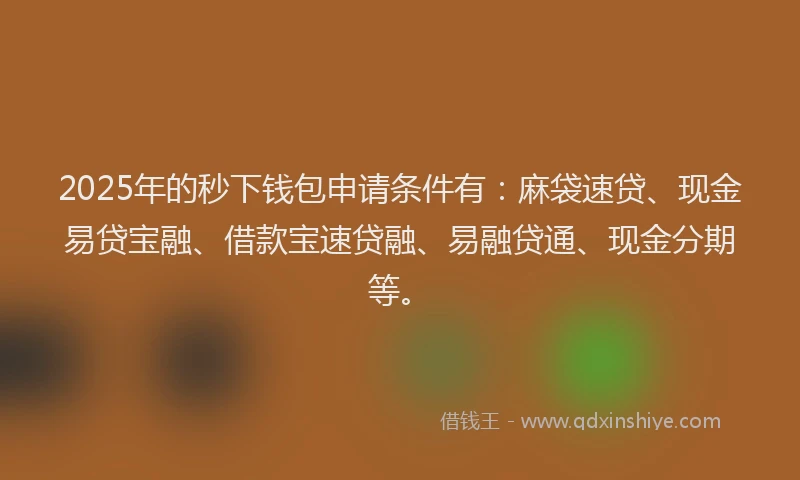 2025年的秒下钱包申请条件有：麻袋速贷、现金易贷宝融、借款宝速贷融、易融贷通、现金分期等。