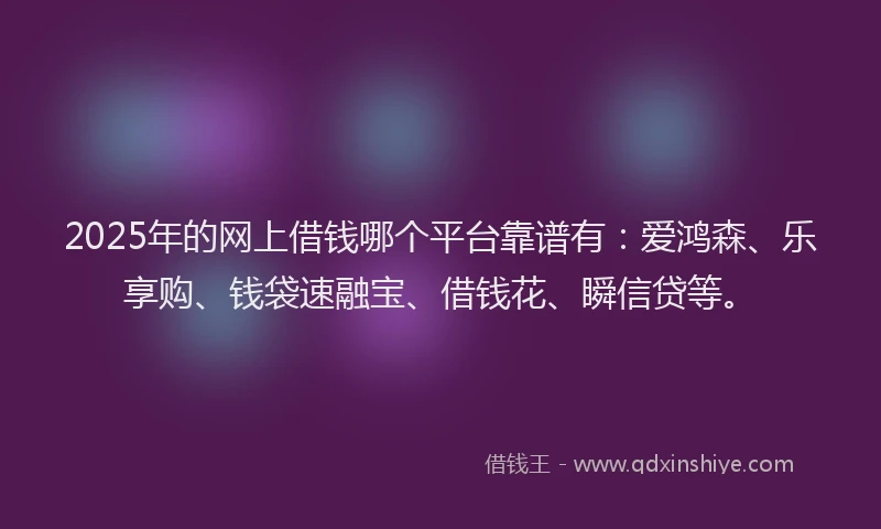 2025年的网上借钱哪个平台靠谱有：爱鸿森、乐享购、钱袋速融宝、借钱花、瞬信贷等。