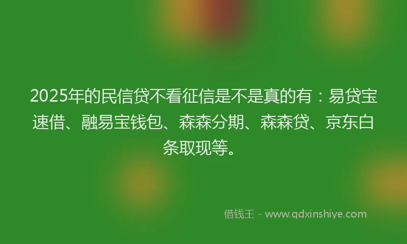 2025年的民信贷不看征信是不是真的有：易贷宝速借、融易宝钱包、森森分期、森森贷、京东白条取现等。