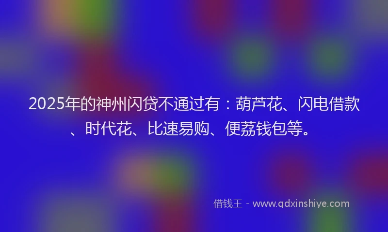 2025年的神州闪贷不通过有：葫芦花、闪电借款、时代花、比速易购、便荔钱包等。