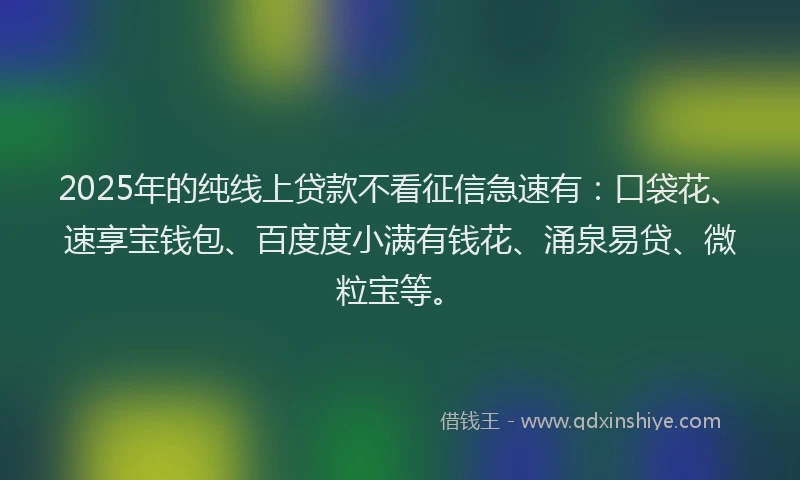 2025年的纯线上贷款不看征信急速有：口袋花、速享宝钱包、百度度小满有钱花、涌泉易贷、微粒宝等。