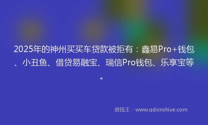 2025年的神州买买车贷款被拒有：鑫易Pro+钱包、小丑鱼、借贷易融宝、瑞信Pro钱包、乐享宝等。