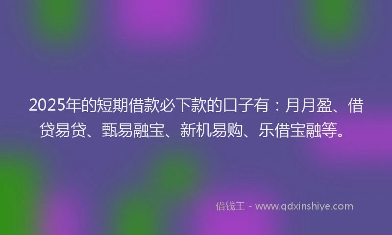 2025年的短期借款必下款的口子有：月月盈、借贷易贷、甄易融宝、新机易购、乐借宝融等。