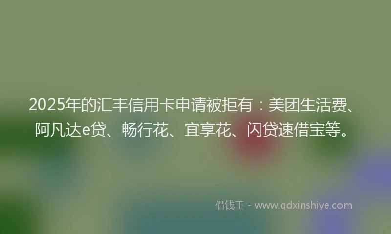 2025年的汇丰信用卡申请被拒有：美团生活费、阿凡达e贷、畅行花、宜享花、闪贷速借宝等。
