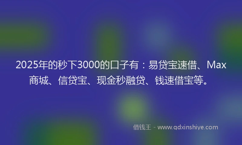 2025年的秒下3000的口子有：易贷宝速借、Max商城、信贷宝、现金秒融贷、钱速借宝等。