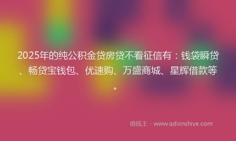 2025年的纯公积金贷房贷不看征信有：钱袋瞬贷、畅贷宝钱包、优速购、万盛商城、星辉借款等。
