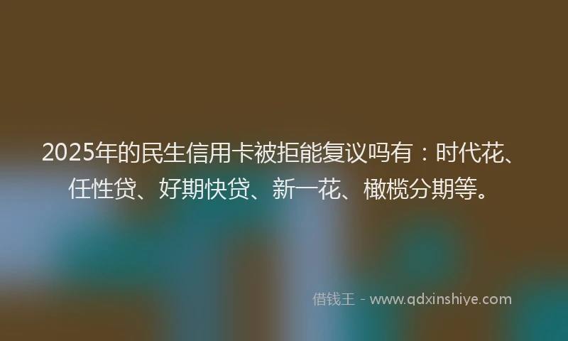 2025年的民生信用卡被拒能复议吗有：时代花、任性贷、好期快贷、新一花、橄榄分期等。
