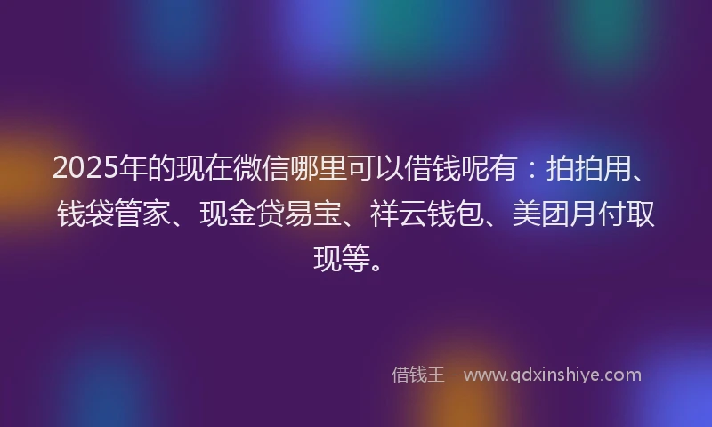 2025年的现在微信哪里可以借钱呢有：拍拍用、钱袋管家、现金贷易宝、祥云钱包、美团月付取现等。
