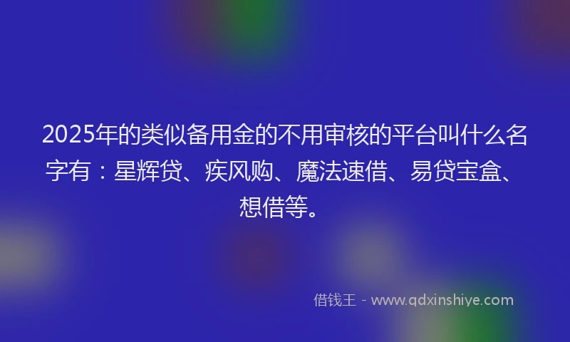 2025年的类似备用金的不用审核的平台叫什么名字有：星辉贷、疾风购、魔法速借、易贷宝盒、想借等。