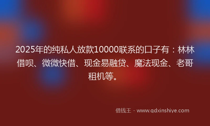 2025年的纯私人放款10000联系的口子有：林林借呗、微微快借、现金易融贷、魔法现金、老哥租机等。
