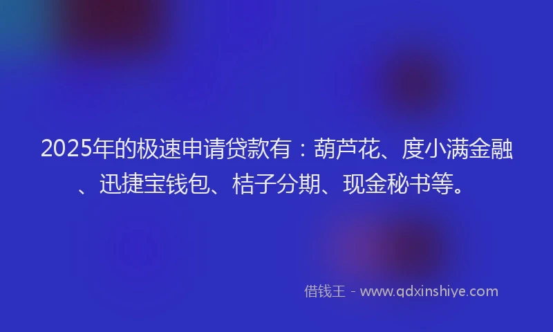 2025年的极速申请贷款有：葫芦花、度小满金融、迅捷宝钱包、桔子分期、现金秘书等。