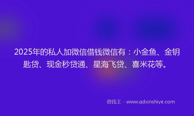 2025年的私人加微信借钱微信有：小金鱼、金钥匙贷、现金秒贷通、星海飞贷、喜米花等。