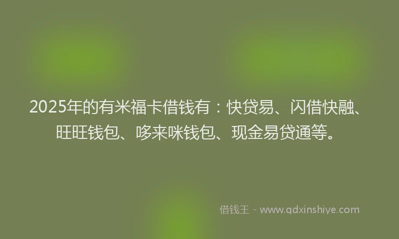2025年的有米福卡借钱有：快贷易、闪借快融、旺旺钱包、哆来咪钱包、现金易贷通等。