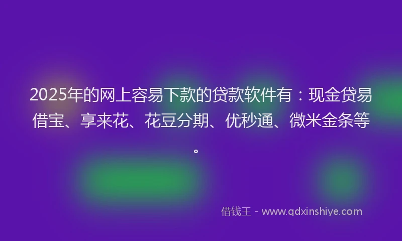 2025年的网上容易下款的贷款软件有：现金贷易借宝、享来花、花豆分期、优秒通、微米金条等。