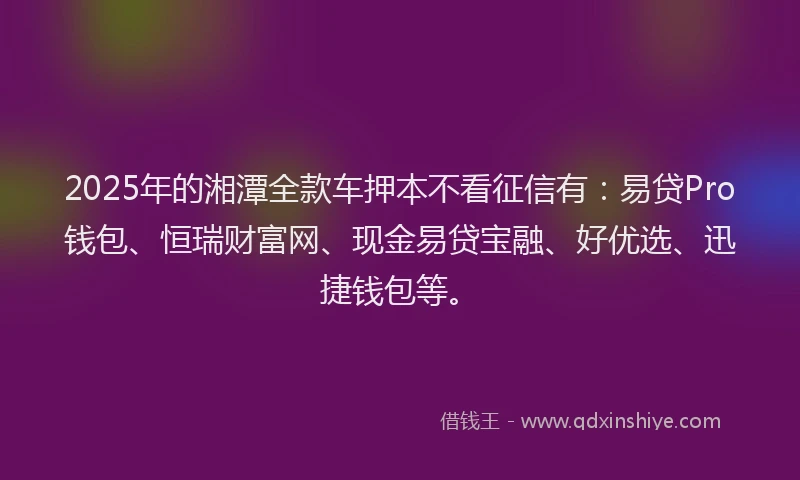 2025年的湘潭全款车押本不看征信有：易贷Pro钱包、恒瑞财富网、现金易贷宝融、好优选、迅捷钱包等。