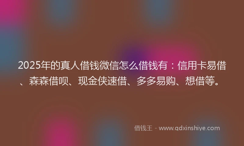 2025年的真人借钱微信怎么借钱有：信用卡易借、森森借呗、现金侠速借、多多易购、想借等。